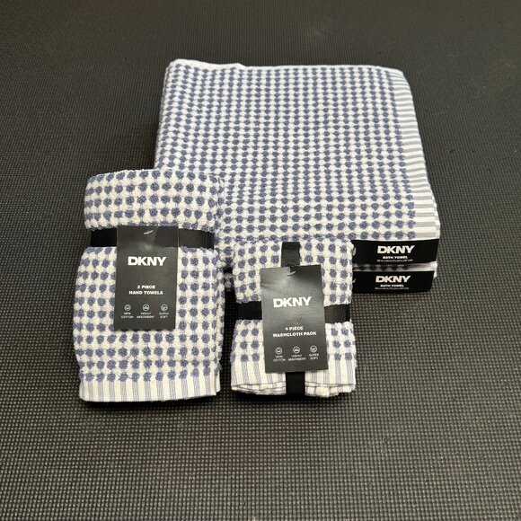 8 Pc. DKNY Monet Tile Blue White Squares Dots Stripes Towel Set Towels Gingham - Picture 1 of 12